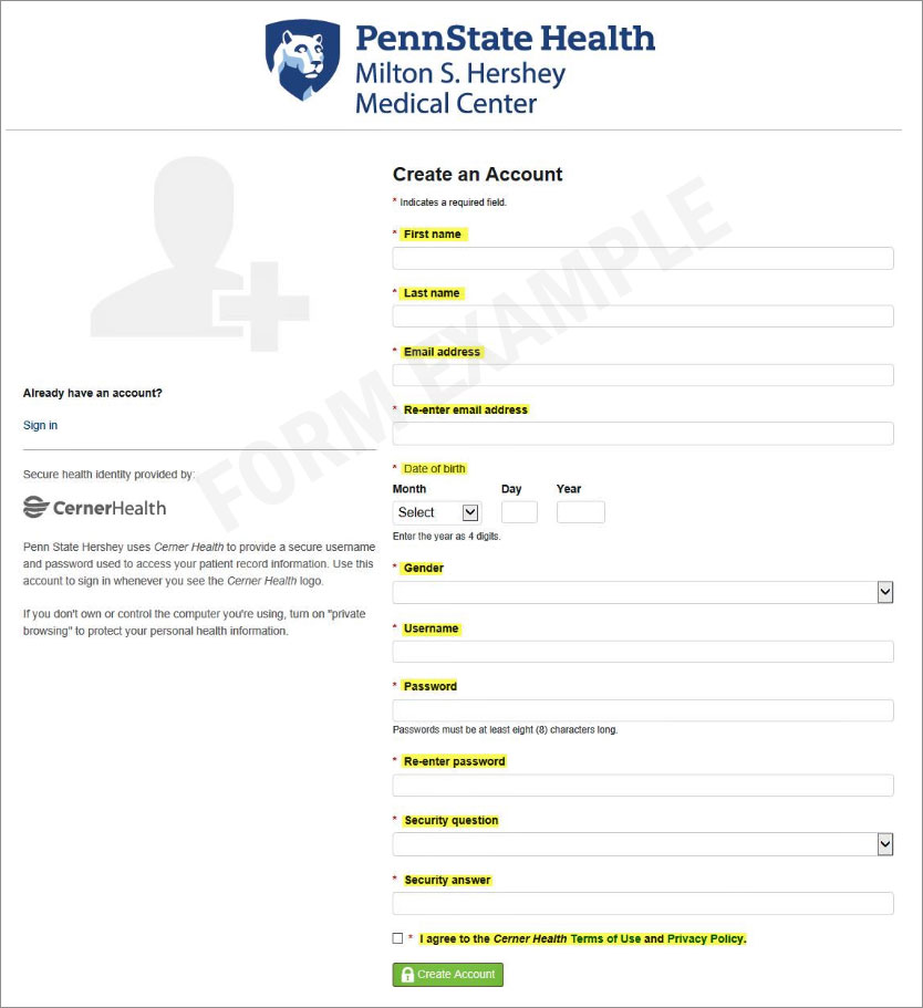 Patient Portal form example to create an account